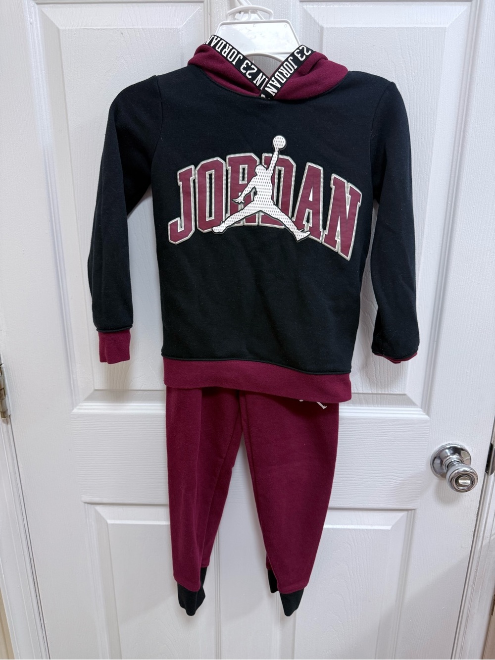 Jordan Kids Hoodie & Jogger Set in Black and Burgundy, Size 5